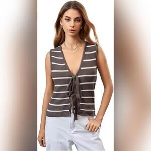 NWT RoseSeek Bow Tie Front Striped V Neck Sleeveless Vest Sweater, Small